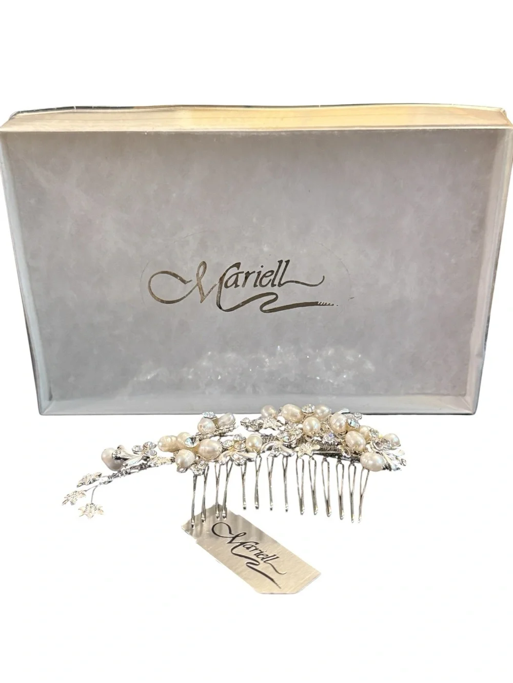 Mariell Silver Pearl & Crystal Bridal Hair Comb NIB